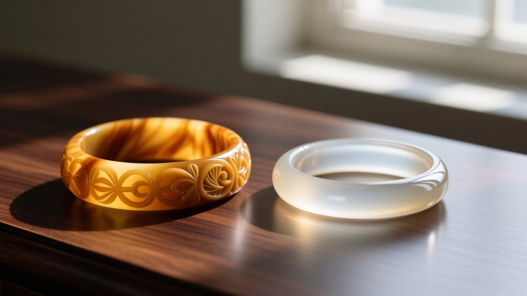 Carved butterscotch Bakelite bangle next to a modern plastic replica, illuminated by warm side lighting on a dark wooden surface.