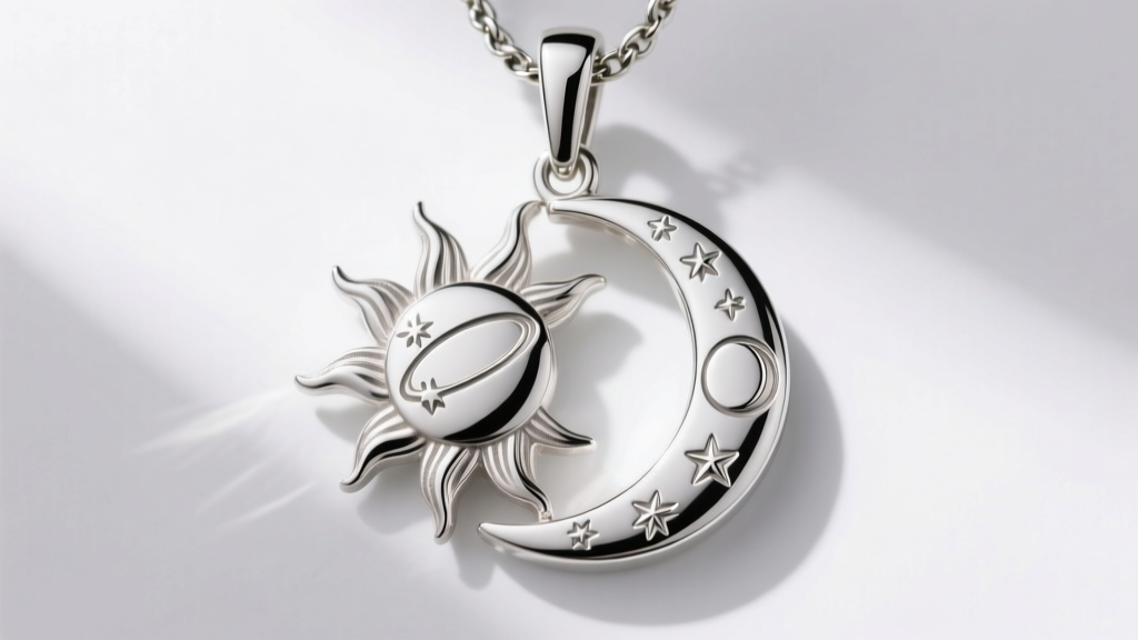 Close-up of sterling silver sun and moon split pendant, showing intricate engraved celestial details and a secure lobster clasp.