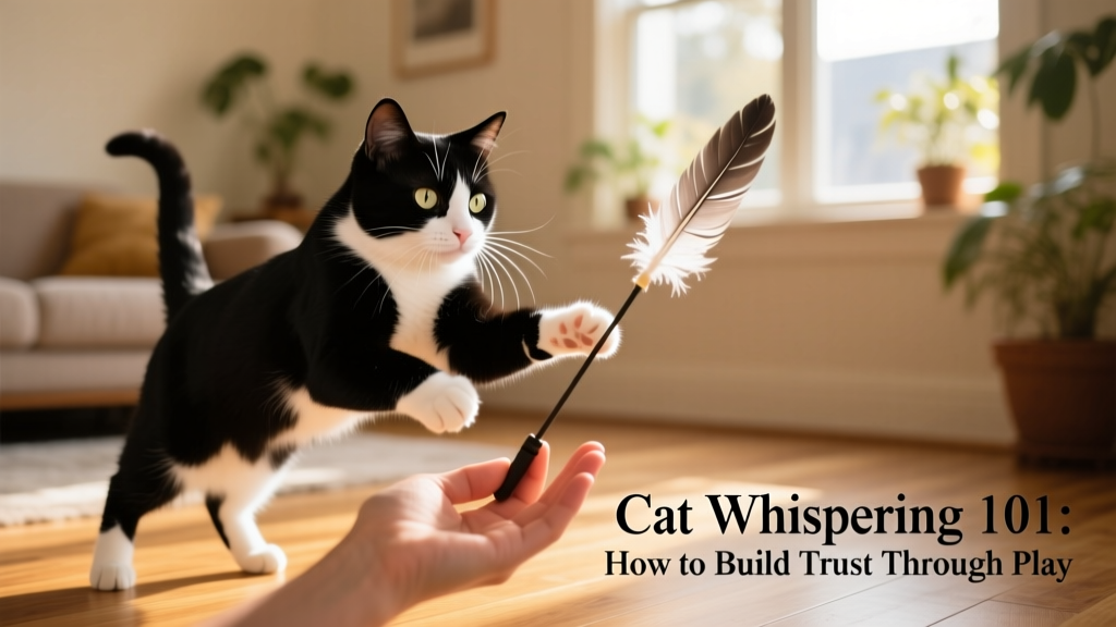 A cat mid-play, pouncing gently on a feather wand held by a person’s hand