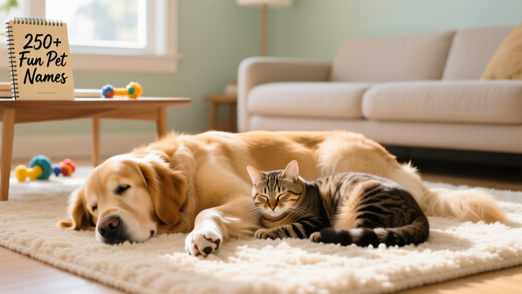A golden retriever and a tabby cat peacefully napping side by side on a soft rug