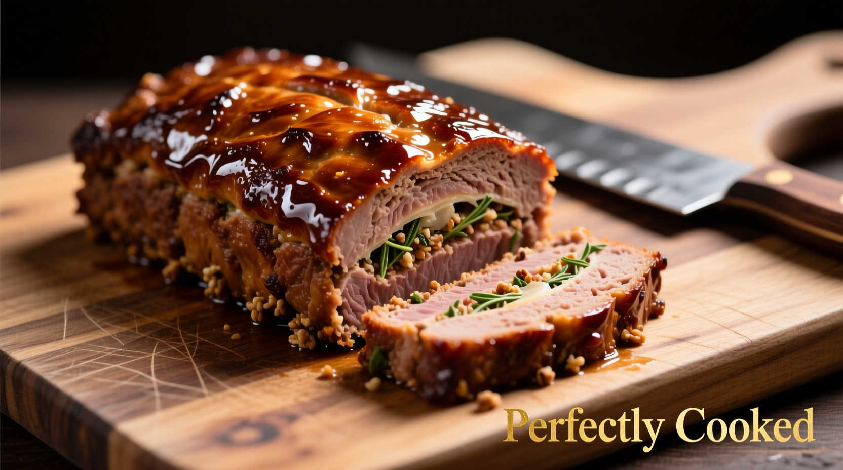 Perfectly cooked meatloaf with glaze on cutting board