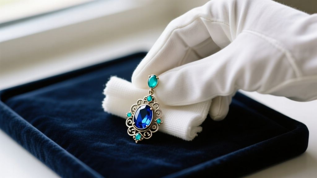 Hands in white cotton gloves wiping a Victorian turquoise drop earring with a dry microfiber cloth on a dark velvet jeweler mat