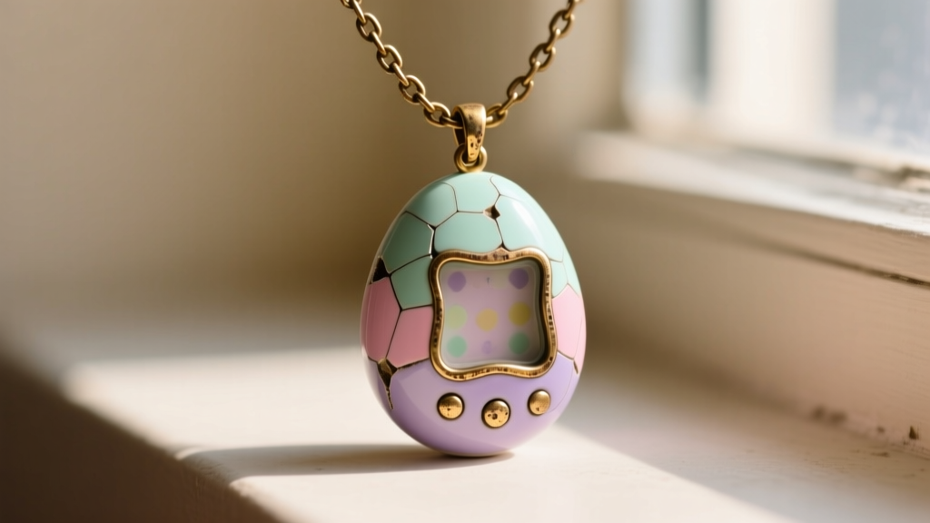Close-up of a vintage-inspired Y2K Tamagotchi necklace with a chipped enamel egg pendant resting on a tarnished brass chain
