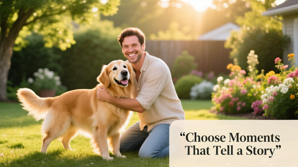 Friendly, smiling person posing with a happy dog in a sunny backyard