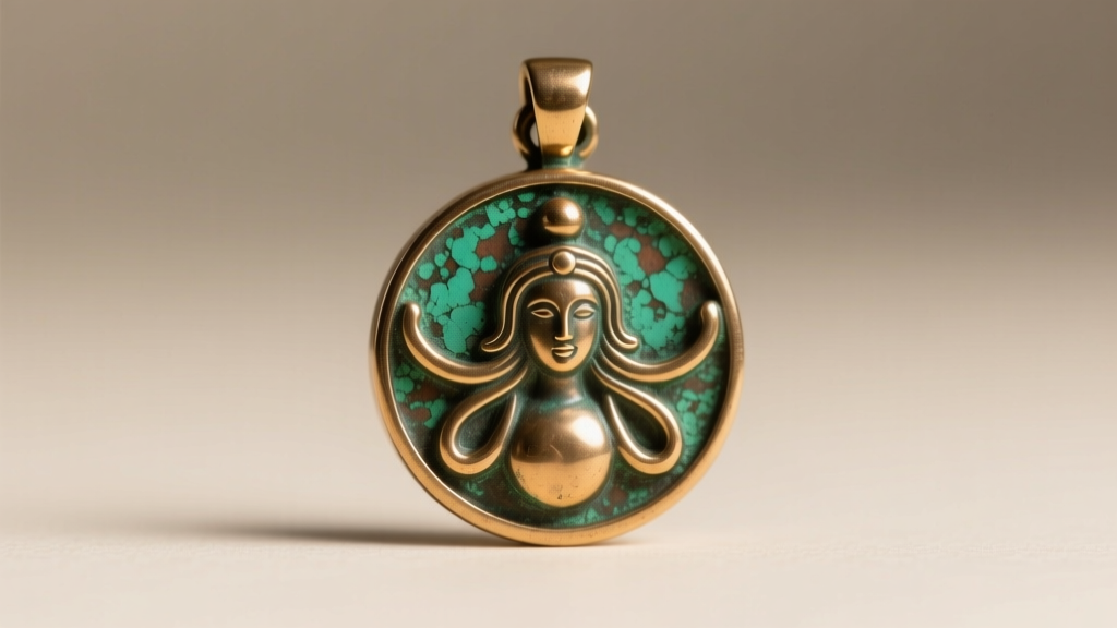 Macro photography of a brass triple goddess pendant showing green copper oxidation on the back where it contacts the skin.