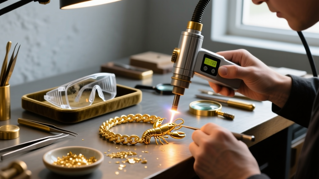 Jeweler workbench with a laser welder repairing a broken gold lobster clasp on a heavy chain, and protective goggles resting nearby