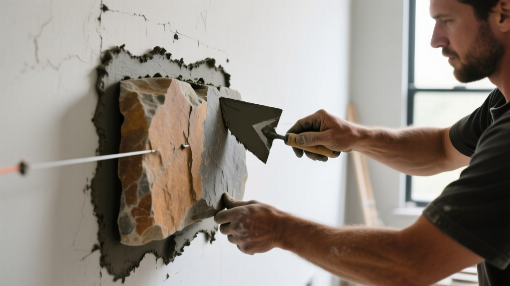 Mason applying Type S mortar to the back of a thick natural fieldstone veneer piece before pressing it onto a prepared scratch coat wall