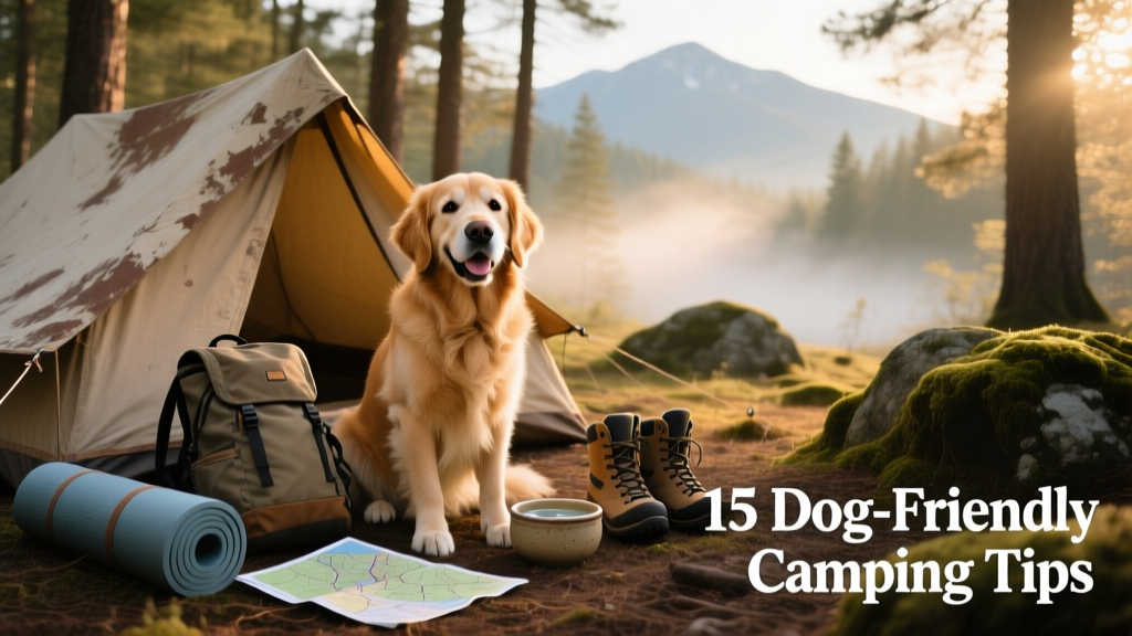 A happy dog sitting beside a cozy tent with a backpack and water bowl nearby