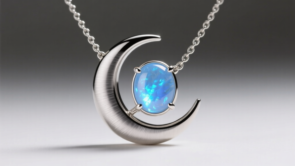 Macro shot of a crescent lunar necklace with a glowing blue moonstone cabochon set in brushed platinum under soft studio lighting