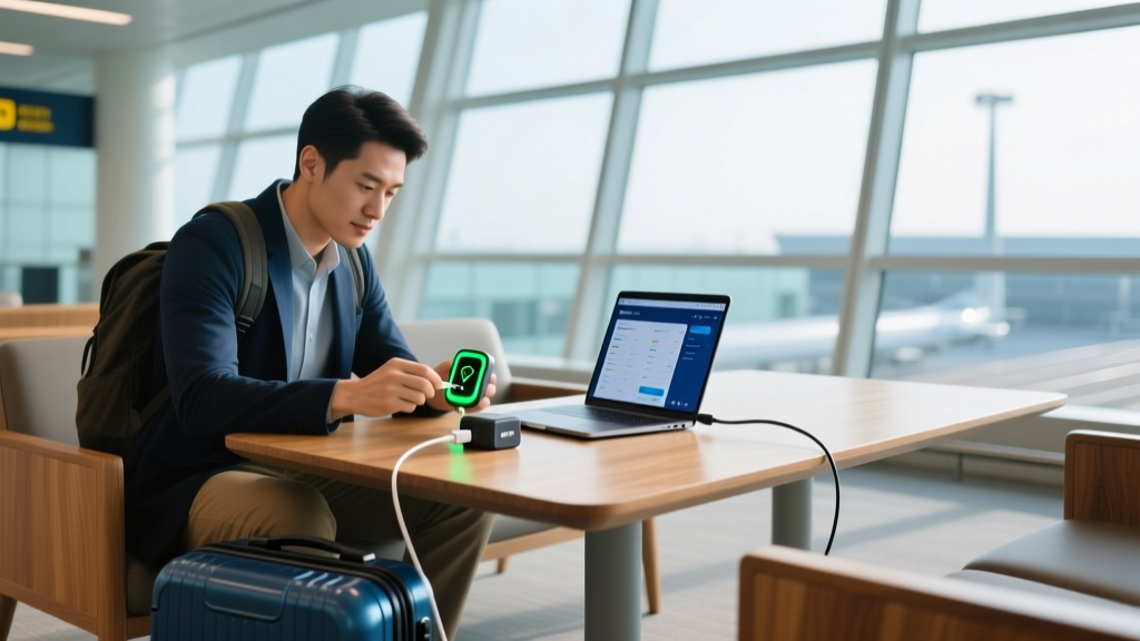 Traveler at an airport lounge configuring a smart suitcase GPS tracker and GaN charger on a sleek wooden table with laptop open