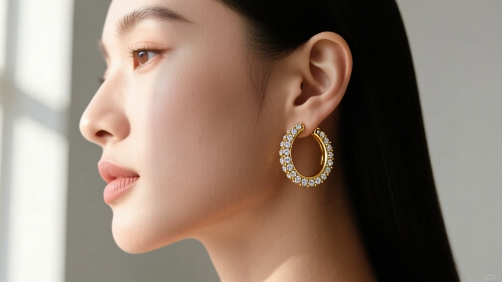 Close-up profile of a woman wearing a 12mm seamless 18k gold huggie hoop earring with pave diamonds, soft natural window light.