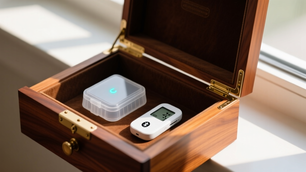 Silica gel cassette and smart Bluetooth hygrometer tucked discreetly inside a cedar-lined mahogany heirloom jewelry chest drawer