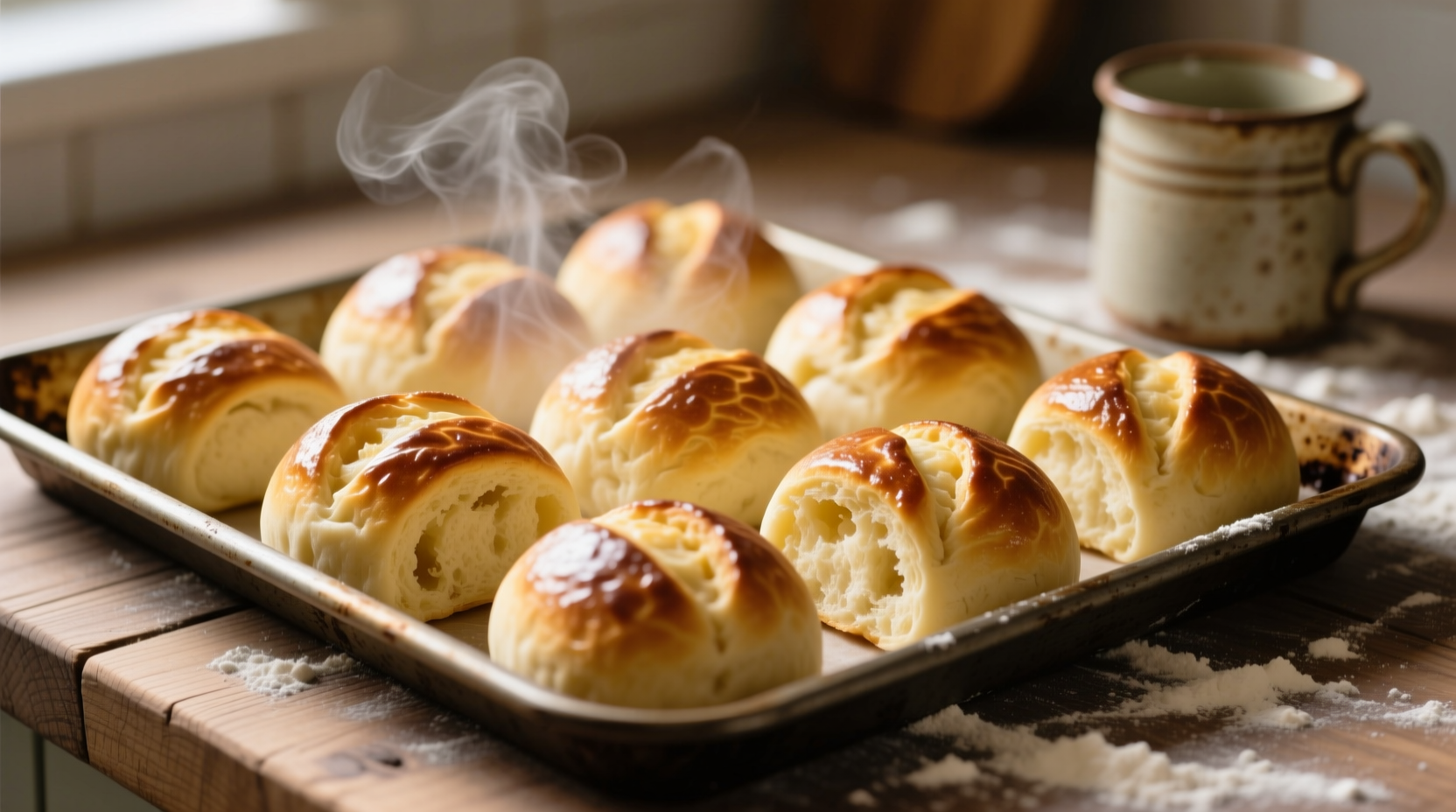Golden potato yeast rolls on baking sheet