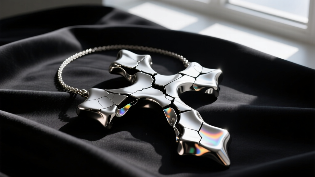 Brutalist melted metal cross necklace resting on black silk fabric, moody studio lighting highlighting the textured silver surface
