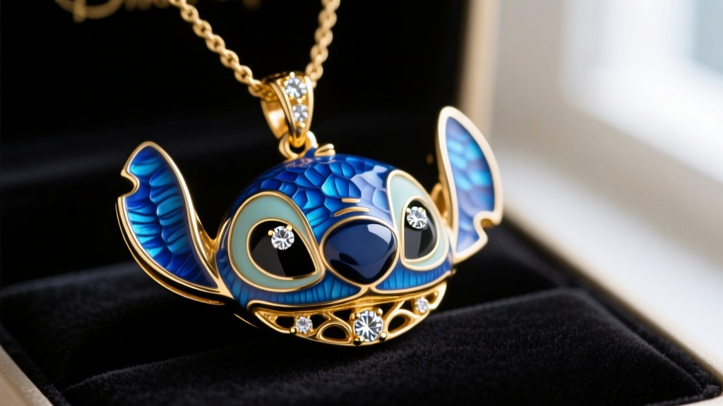 Macro shot of a 14k gold Disney Stitch necklace pendant with blue champlevé enamel and diamond eyes resting on dark velvet
