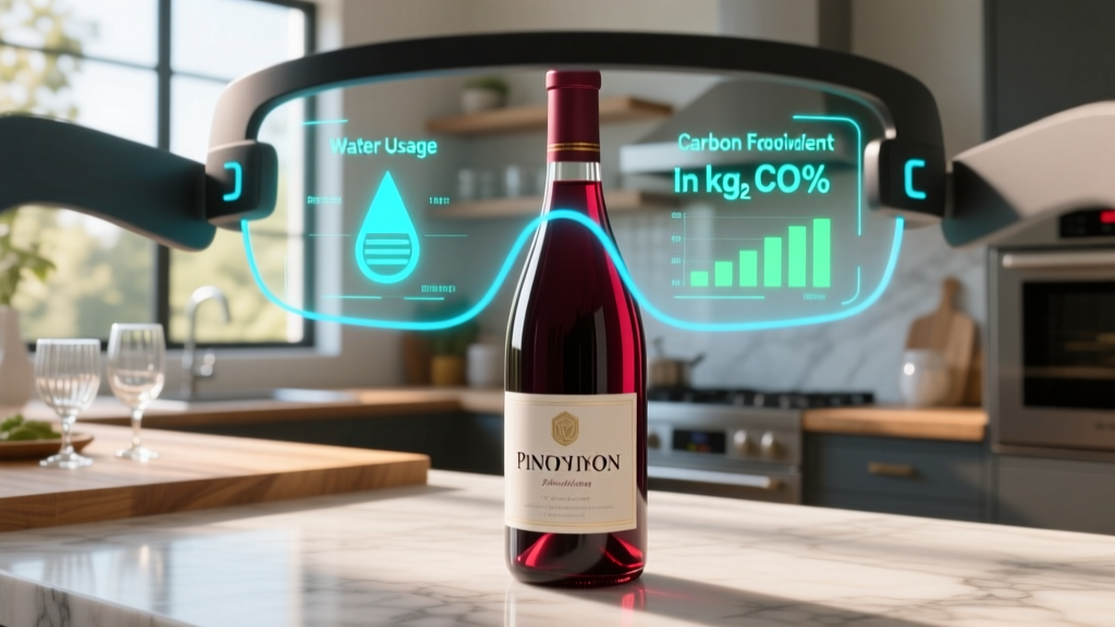 First-person HUD view through AR glasses displaying water usage and carbon footprint data over a Pinot Noir bottle