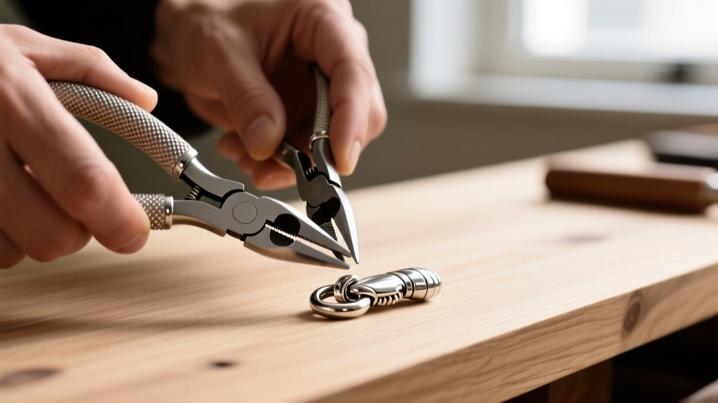 Close-up of hands using nylon-jaw micro-pliers to gently open a stubborn 10mm sterling silver lobster clasp on a wooden workbench.