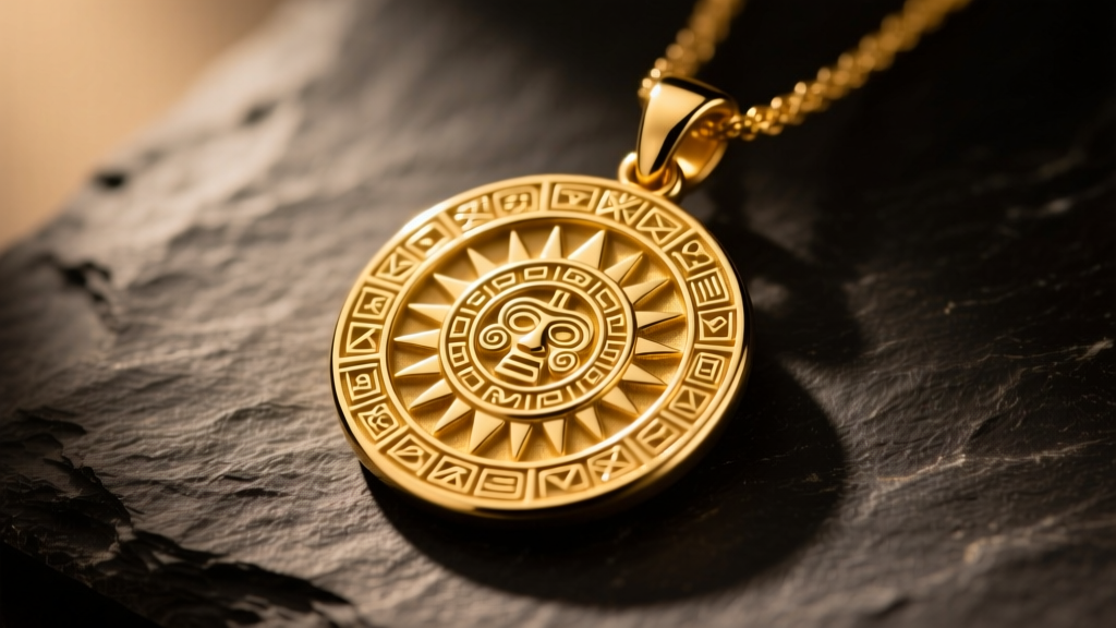 Close-up of an 18k yellow gold pendant with Aztec Sun Stone motifs, resting on dark slate under dramatic, warm studio lighting.