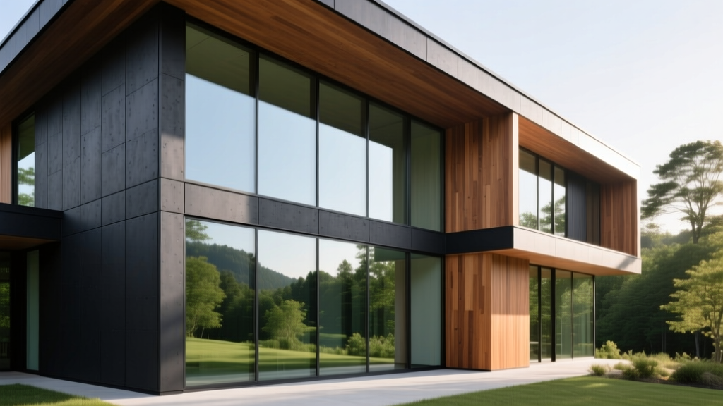 Modern home exterior featuring dark charcoal Nichiha fiber cement panels contrasted with warm cedar wood accents and large glass windows