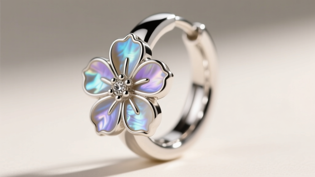 Close-up macro shot of a 20-gauge silver huggie hoop earring featuring a bezel-set carved mother of pearl floral motif