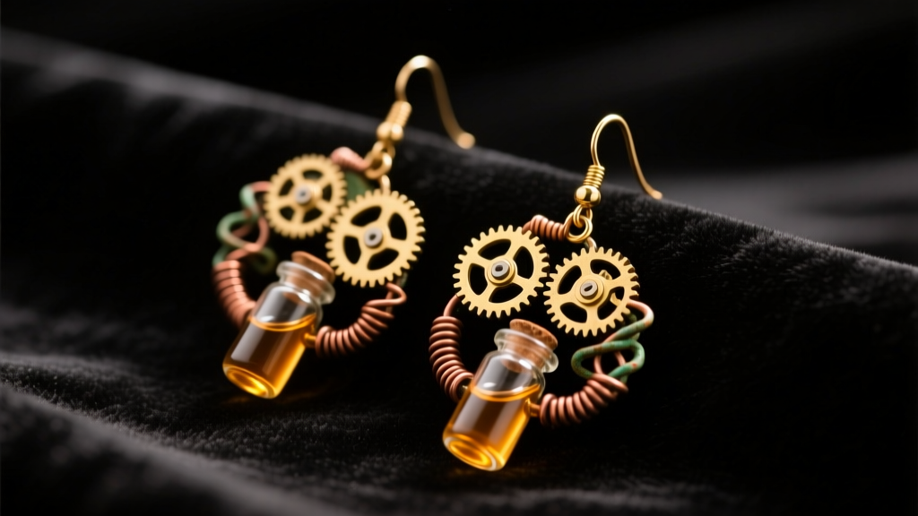 Macro shot of steampunk earrings with brass gears, oxidized copper wire, and glass vials resting on dark velvet under warm studio light