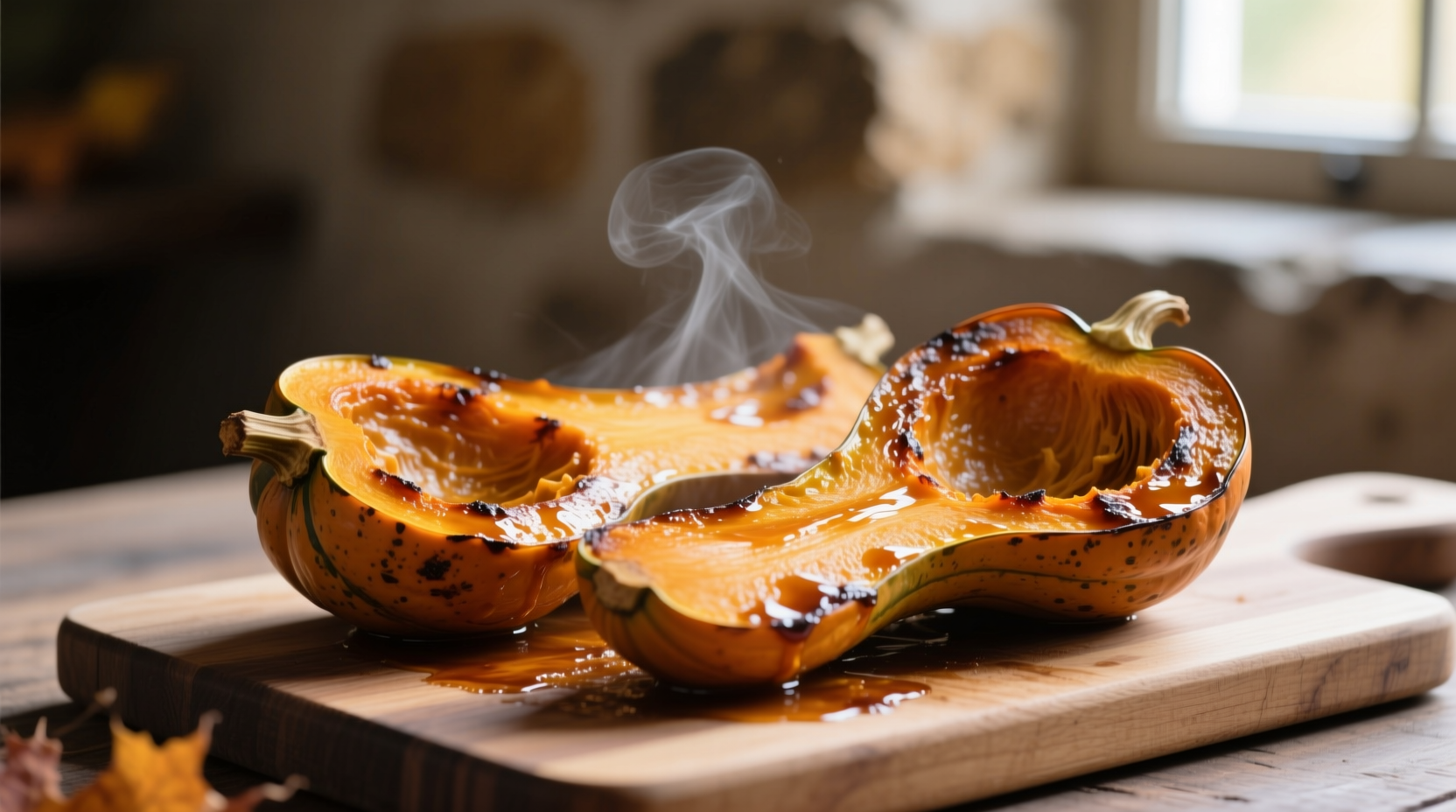 Late fall harvest context - roasted acorn squash halves with maple glaze - distinguishes from undercooked pale versions - critical for Thanksgiving side dishes