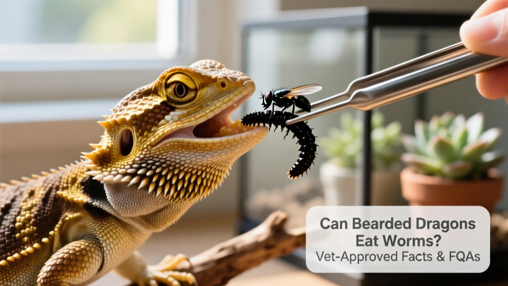 Close-up of a bearded dragon eating a black soldier fly larva (phoenix worm) from feeding tongs