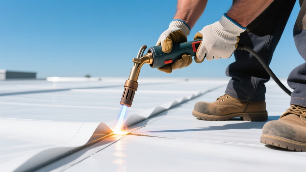 Close-up of a roofing professional using a hot-air welder to repair a white TPO membrane seam on a commercial flat roof under clear skies