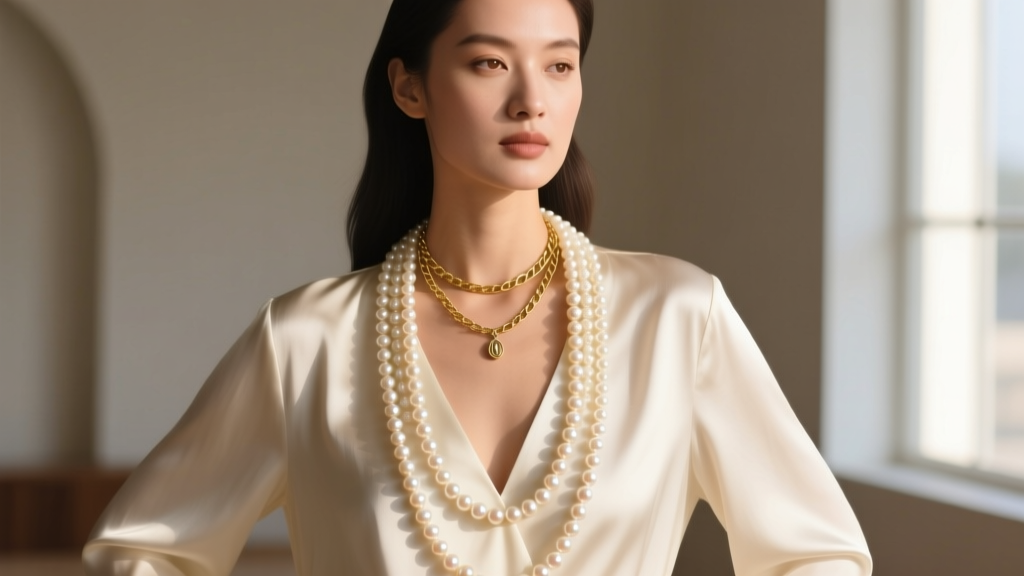 Elegant woman in a deep V-neck silk blouse layering a delicate 16-inch gold chain with a voluminous 24-inch pearl necklace lei.