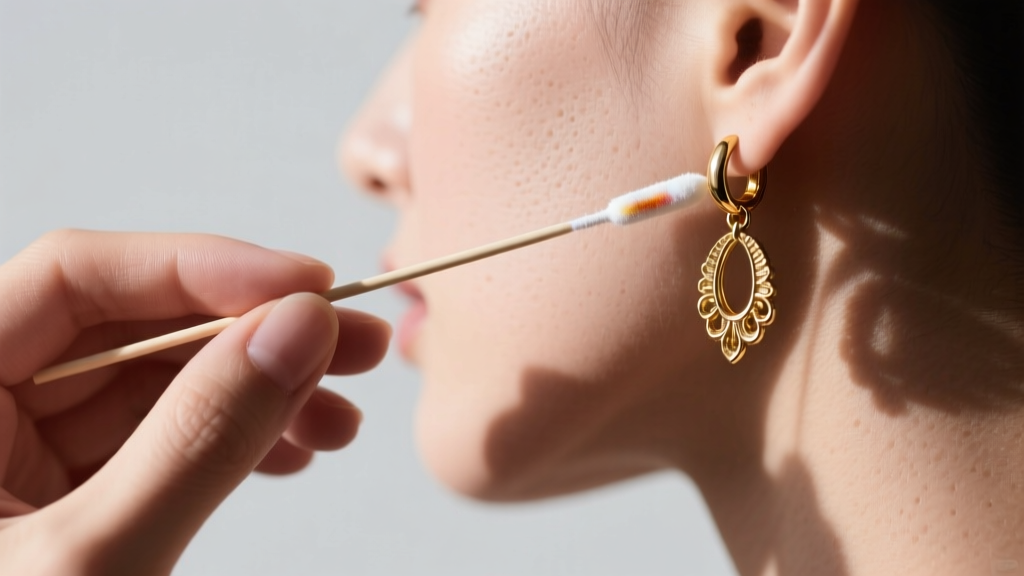 Close-up of hands using a testing swab on the post of a gold-plated costume earring to check for hidden nickel exposure and skin allergies