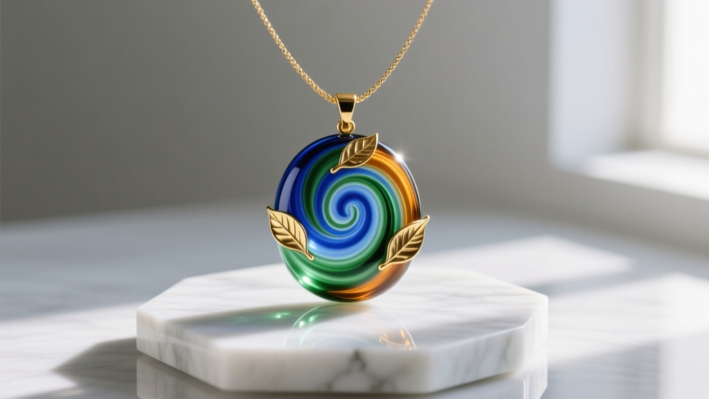 Vibrant Murano glass Italy necklace pendant with gold leaf, resting on a white marble jewelry stand in soft natural light.