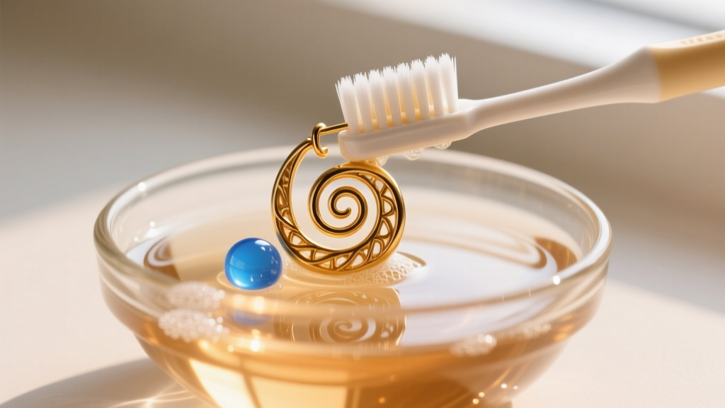 Soft toothbrush gently scrubbing intricate coils of a gold spiral earring submerged in a small glass bowl of warm soapy water.