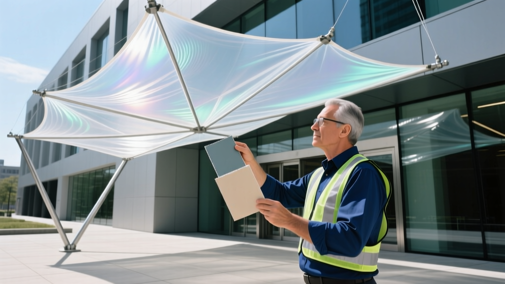 Architect inspecting PTFE waterproof canopy material above a commercial entrance during structural building code compliance review