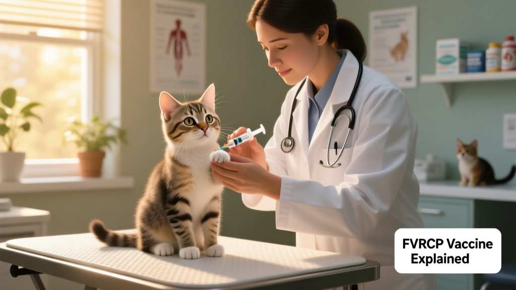 A veterinarian gently administering a vaccine to a calm, seated kitten