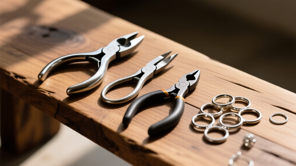 Flat lay of a jewelry repair kit with flush cutters, round-nose pliers, and 18-gauge silver jump rings on a wooden bench.