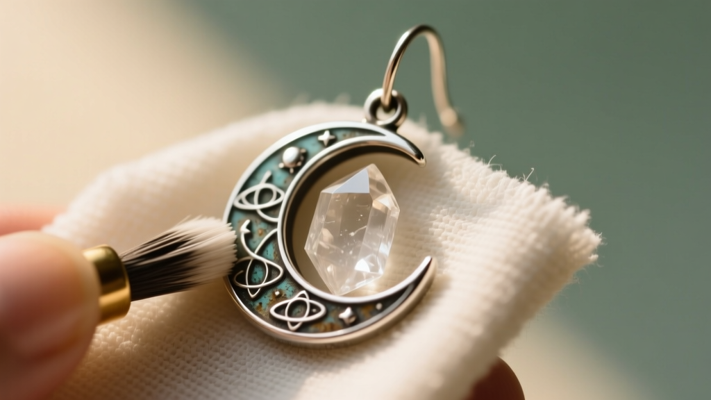 Soft microfiber cloth polishing an oxidized silver moon charm on a solstice earring while avoiding the raw crystal center.