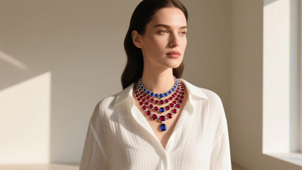 Woman wearing layered ruby and sapphire station necklaces over a crisp white linen shirt, photographed in bright natural daylight.