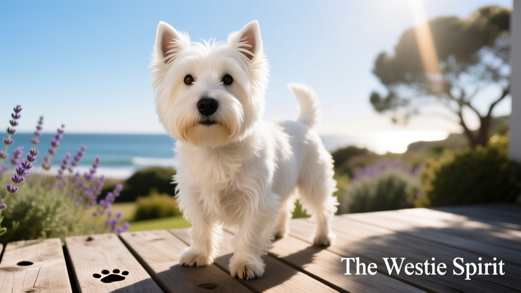 Close up west highland white terrier on deck