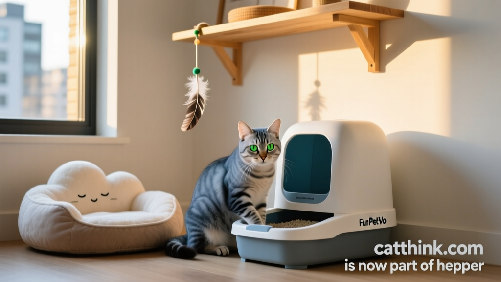 A calm cat using a FurPetVo litter box while resting near a soft bed and hanging toy