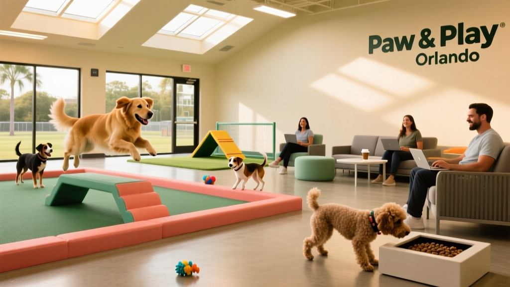 A bright, airy indoor dog park with dogs playing on cushioned flooring, low-profile agility equipment, and owners watching from lounge seating