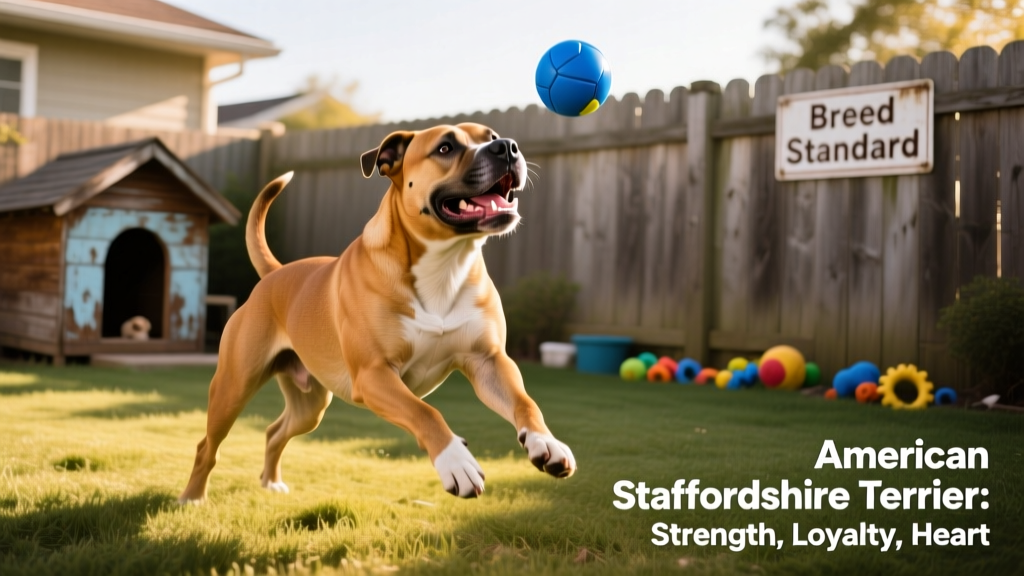 American Staffordshire Terrier playing fetch with a bright blue ball in a fenced backyard