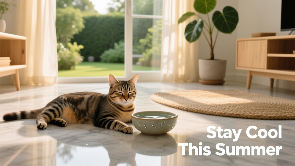 A cat resting calmly in a cool, well-ventilated indoor space with a bowl of fresh water nearby