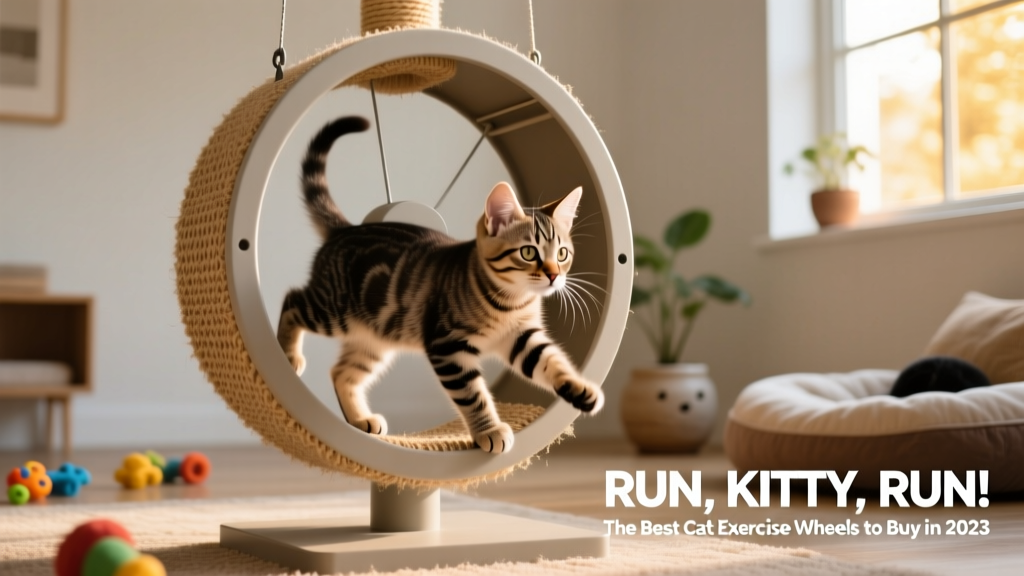 A young kitten confidently walking on a compact, vertically mounted cat exercise wheel with sisal-wrapped surface
