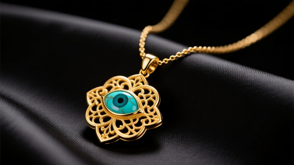 18k gold hand of fatima necklace on dark silk, featuring a turquoise cabochon eye under soft, warm directional studio lighting.