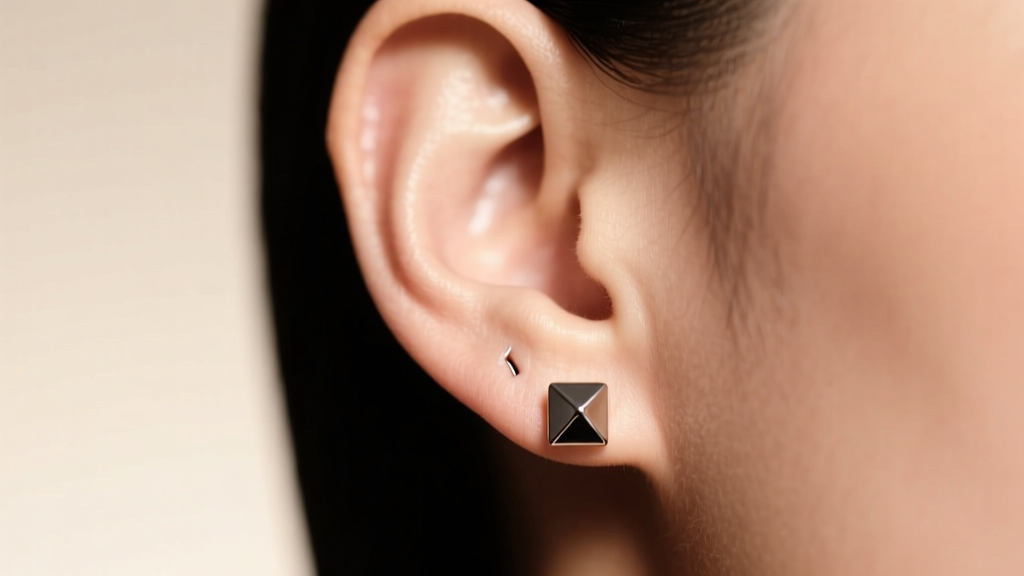 Close-up of an earlobe wearing a high-polish titanium stud earring, soft warm studio lighting highlighting the clean piercing site