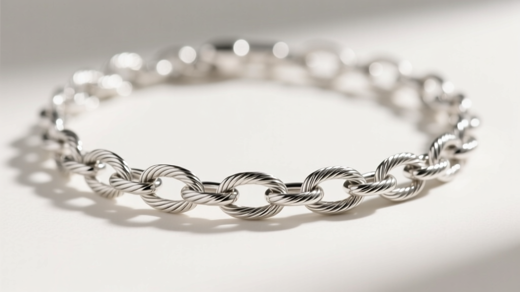 Side profile of a sterling silver petite cable linked necklace pulled taut, showing tensile stress on delicate 24-gauge wire.