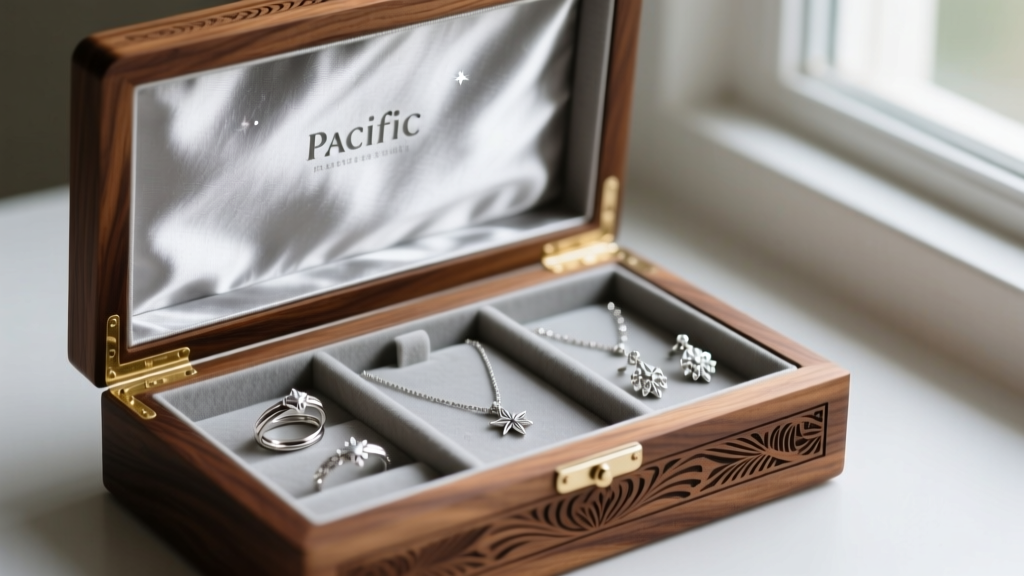 Open walnut engraved jewelry box revealing soft Pacific silver cloth interior lining, protecting delicate sterling silver jewelry