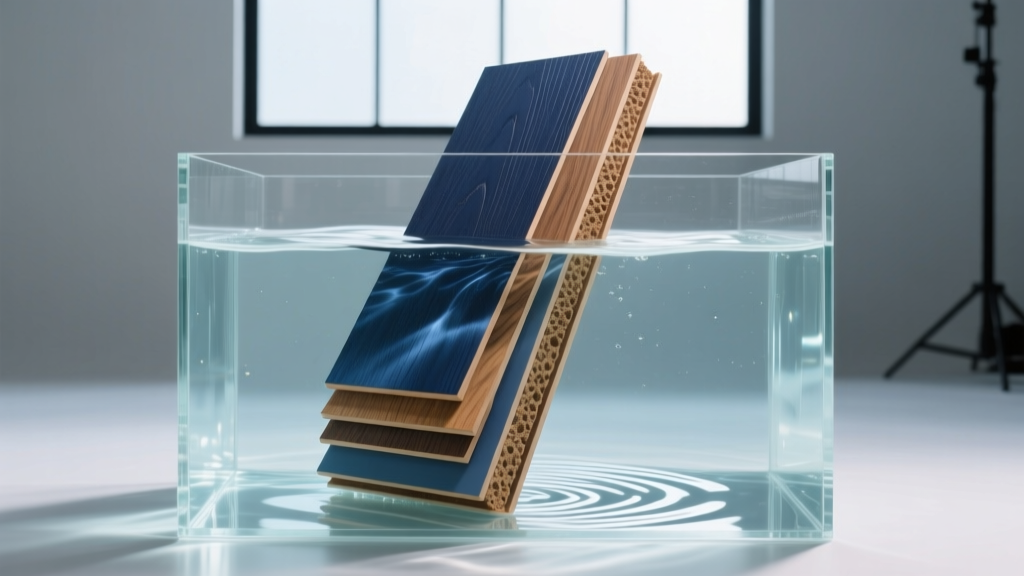 Cross-section of rigid core luxury vinyl plank submerged in a clear water tank demonstrating complete waterproof material properties