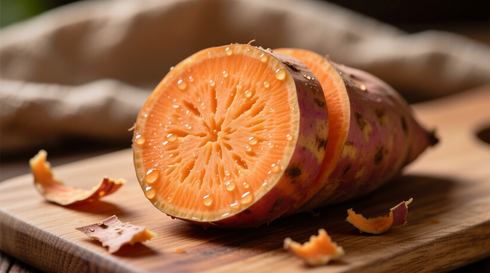 Fresh sweet potato sliced showing vibrant orange interior