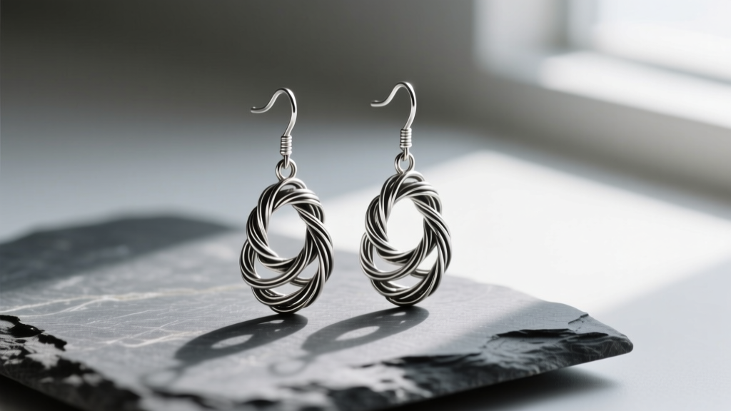 Macro view of 925 sterling silver filigree drop earrings on slate, showing delicate twisted wirework and oxidized metal detail
